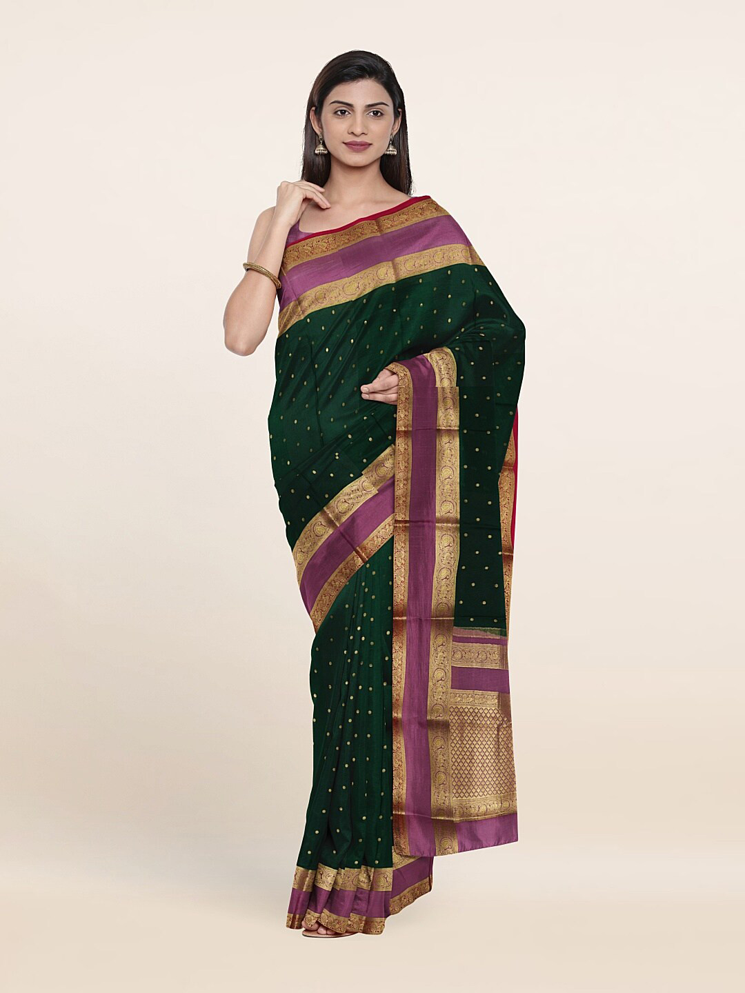 

Pothys Green & Gold-Toned Floral Pure Silk Saree