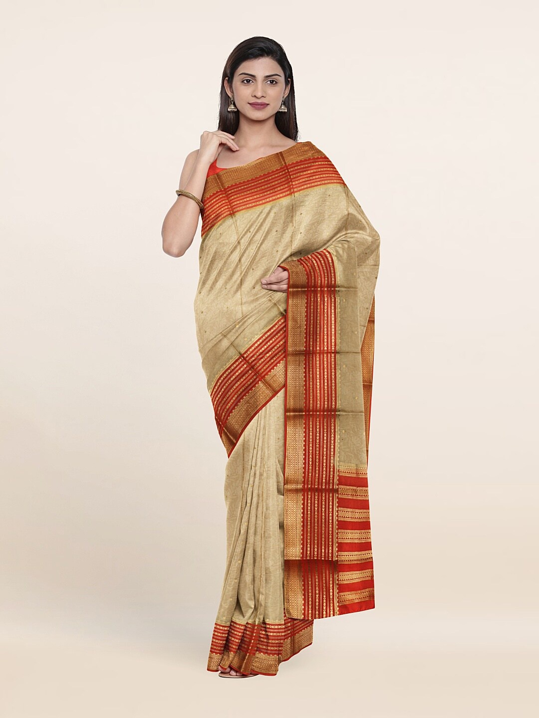 

Pothys Gold-Toned & Beige Floral Pure Silk Saree