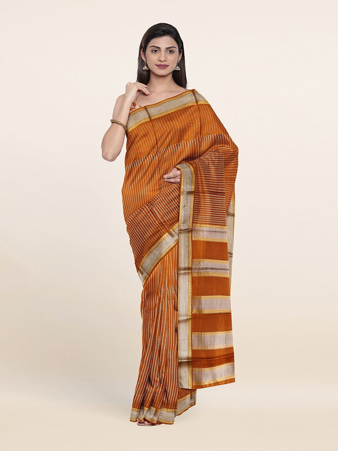 

Pothys Mustard Yellow & Silver-Toned Zari Pure Silk Saree