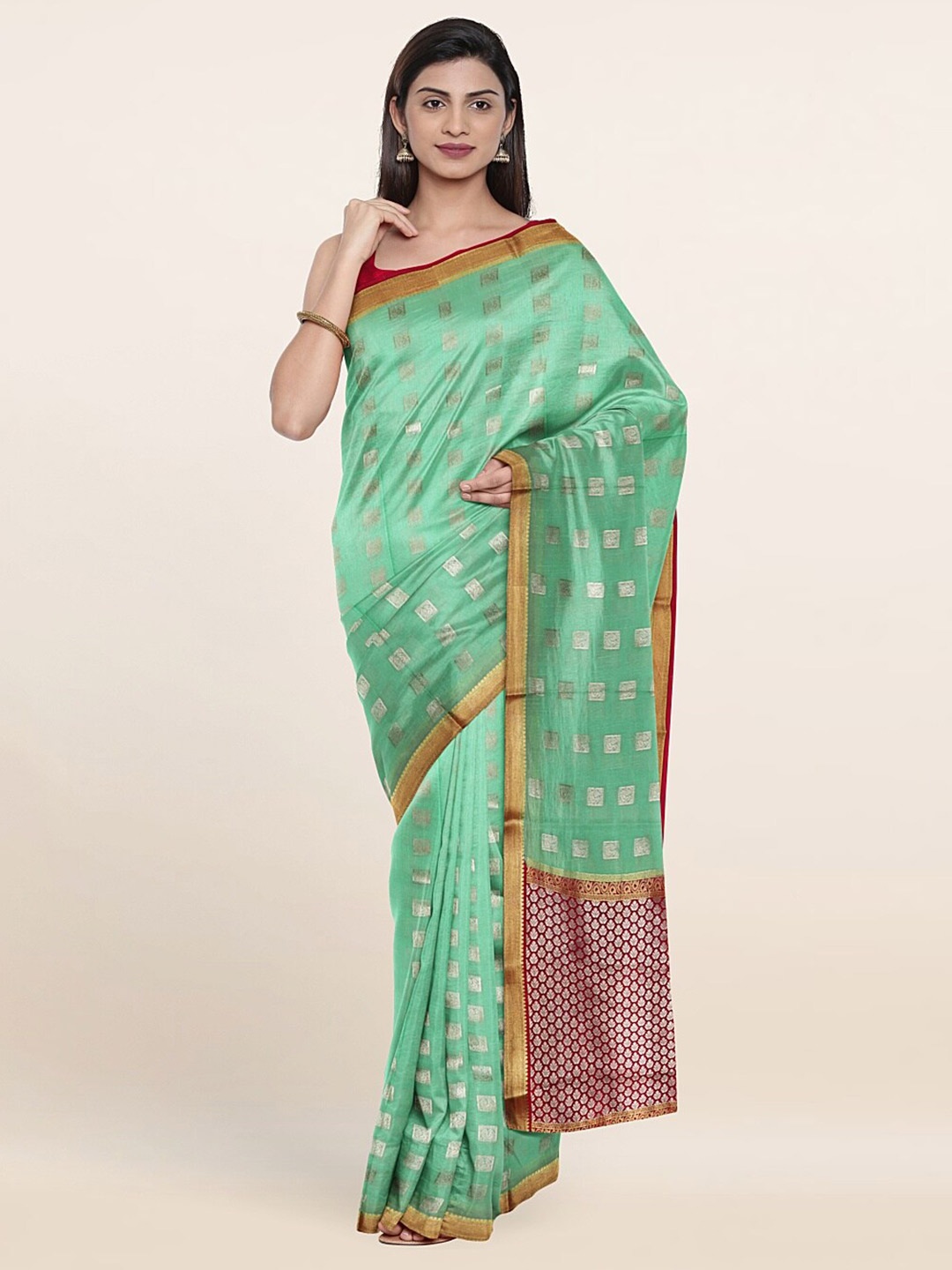 

Pothys Green & Maroon Ethnic Motifs Zari Pure Silk Saree