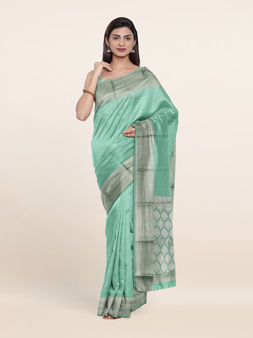 

Pothys Blue & Silver-Toned Ethnic Motifs Zari Pure Silk Saree