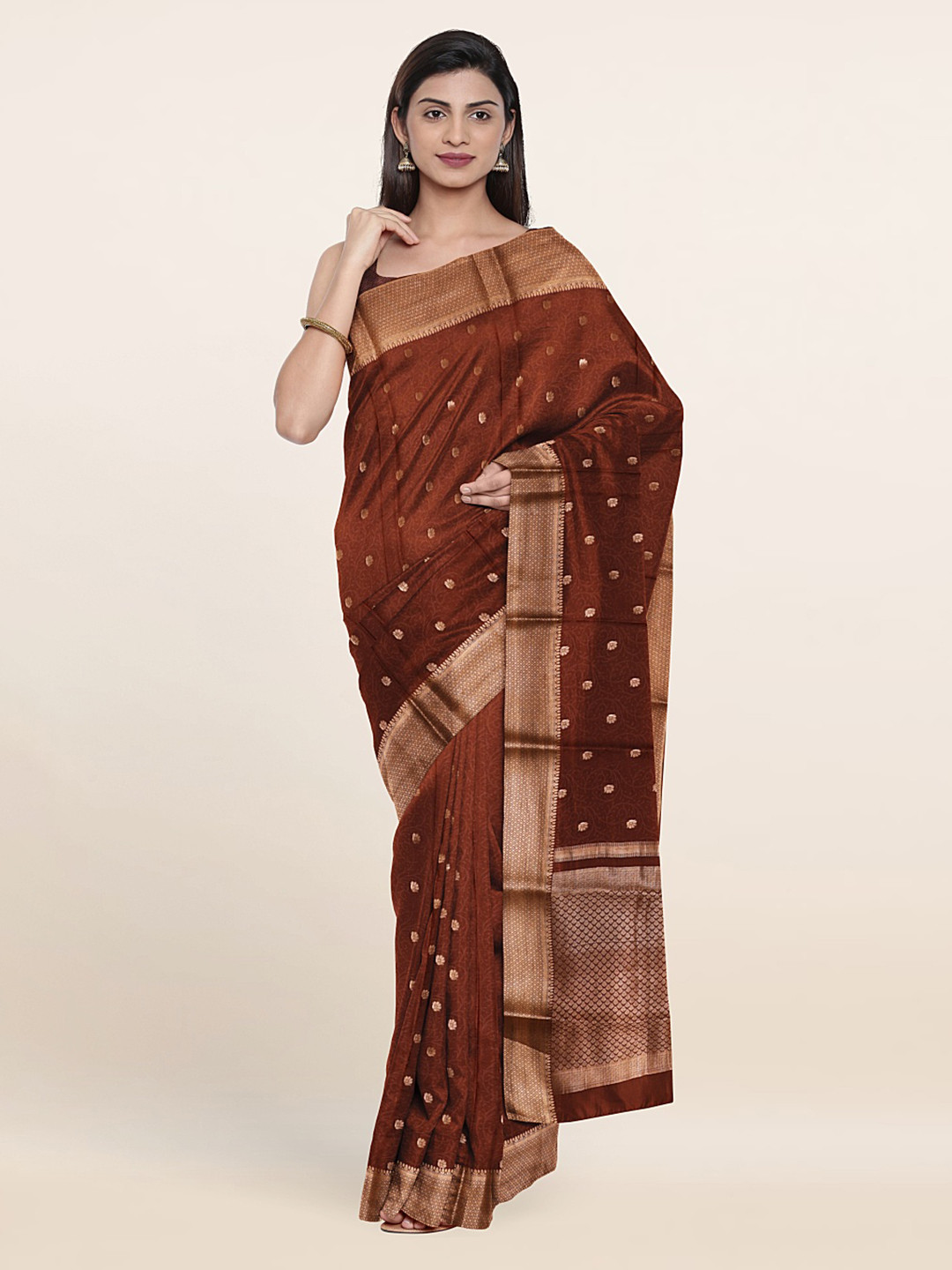 

Pothys Coffee Brown & Gold-Toned Floral Zari Pure Silk Saree