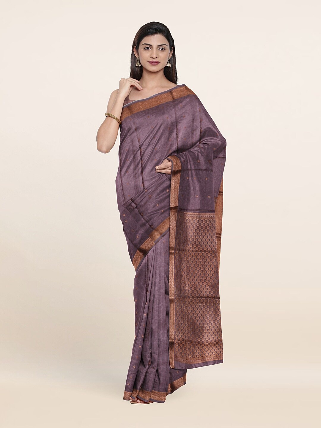 

Pothys Mauve & Copper-Toned Floral Zari Pure Silk Saree