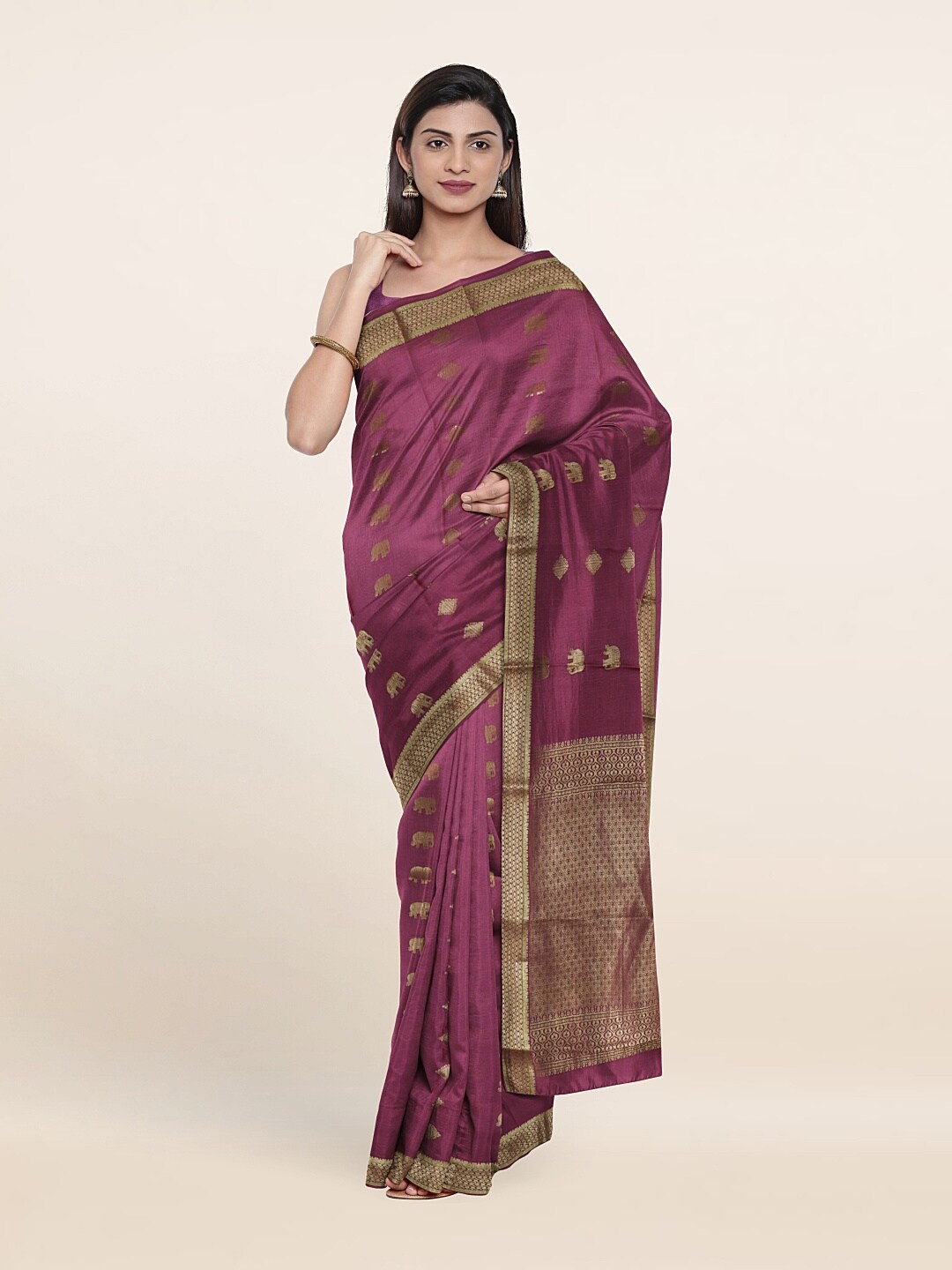 

Pothys Pink & Gold-Toned Ethnic Motifs Zari Pure Silk Saree