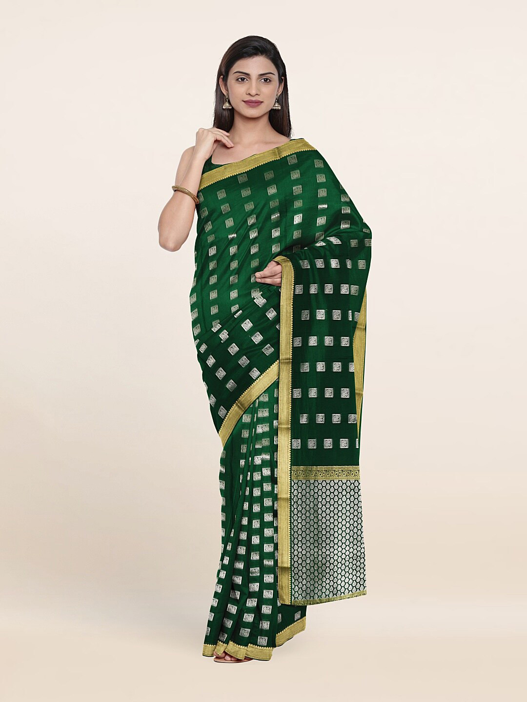 

Pothys Green & Gold-Toned Woven Design Zari Pure Silk Saree