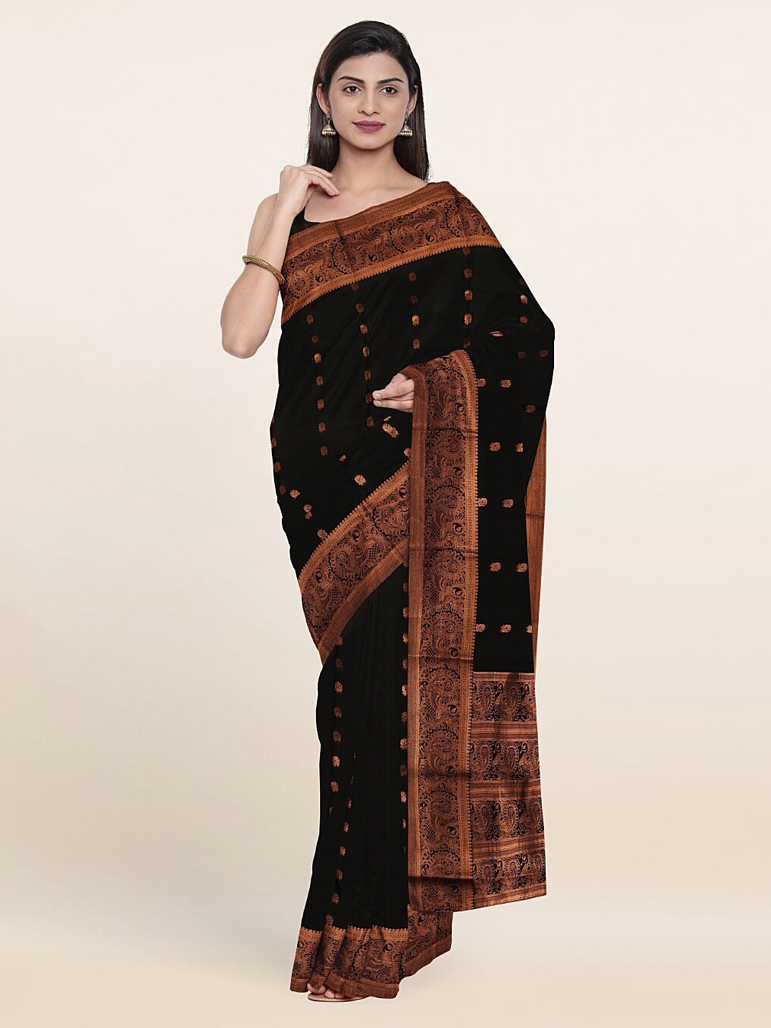 

Pothys Black And Copper Toned Woven Design Zari Pure Silk Saree