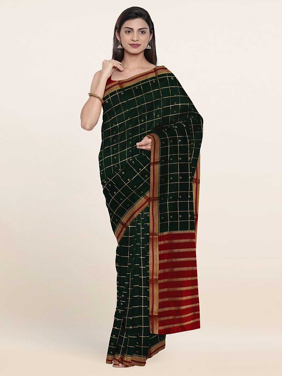 

Pothys Green & Red Checked Zari Pure Silk Saree