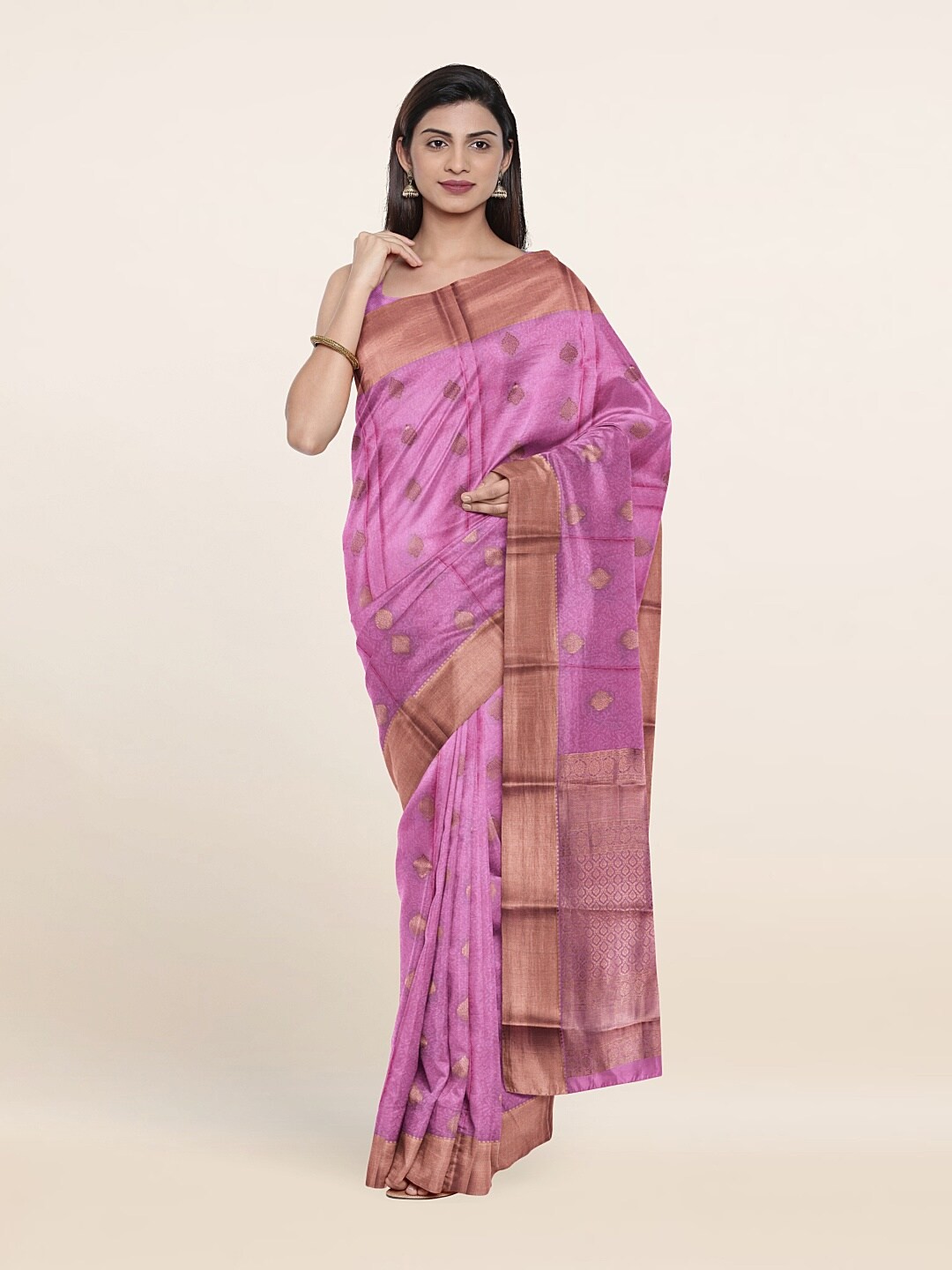 

Pothys Pink & Gold-Toned Woven Design Zari Pure Silk Saree