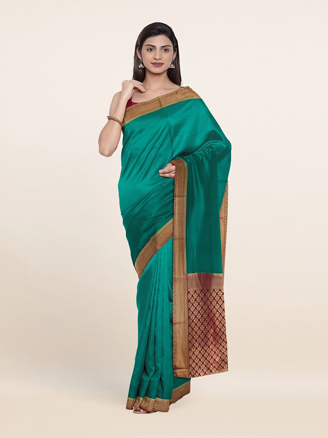 

Pothys Green & Red Zari Pure Silk Saree
