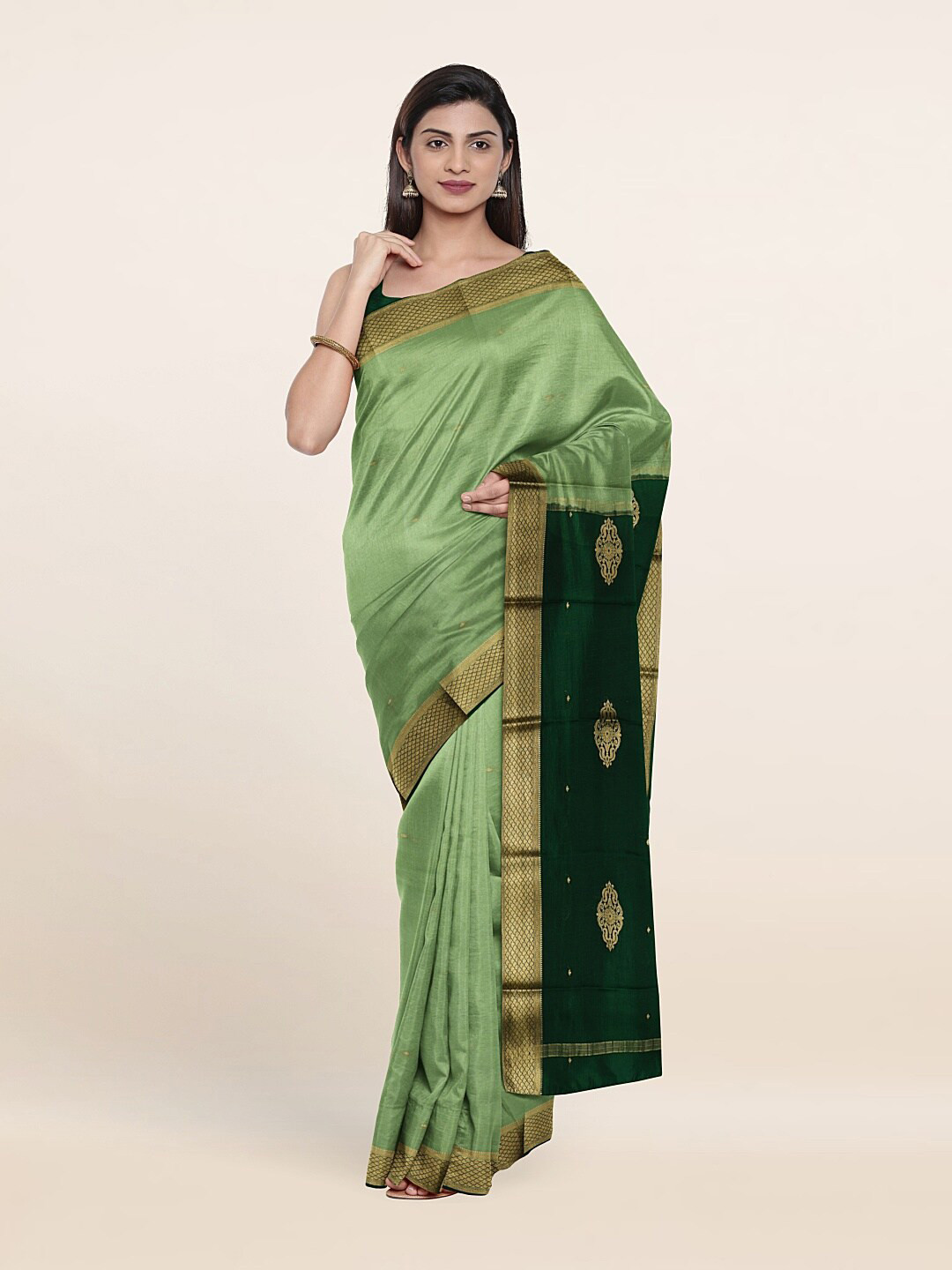 

Pothys Green & Gold-Toned Woven Design Zari Pure Silk Saree