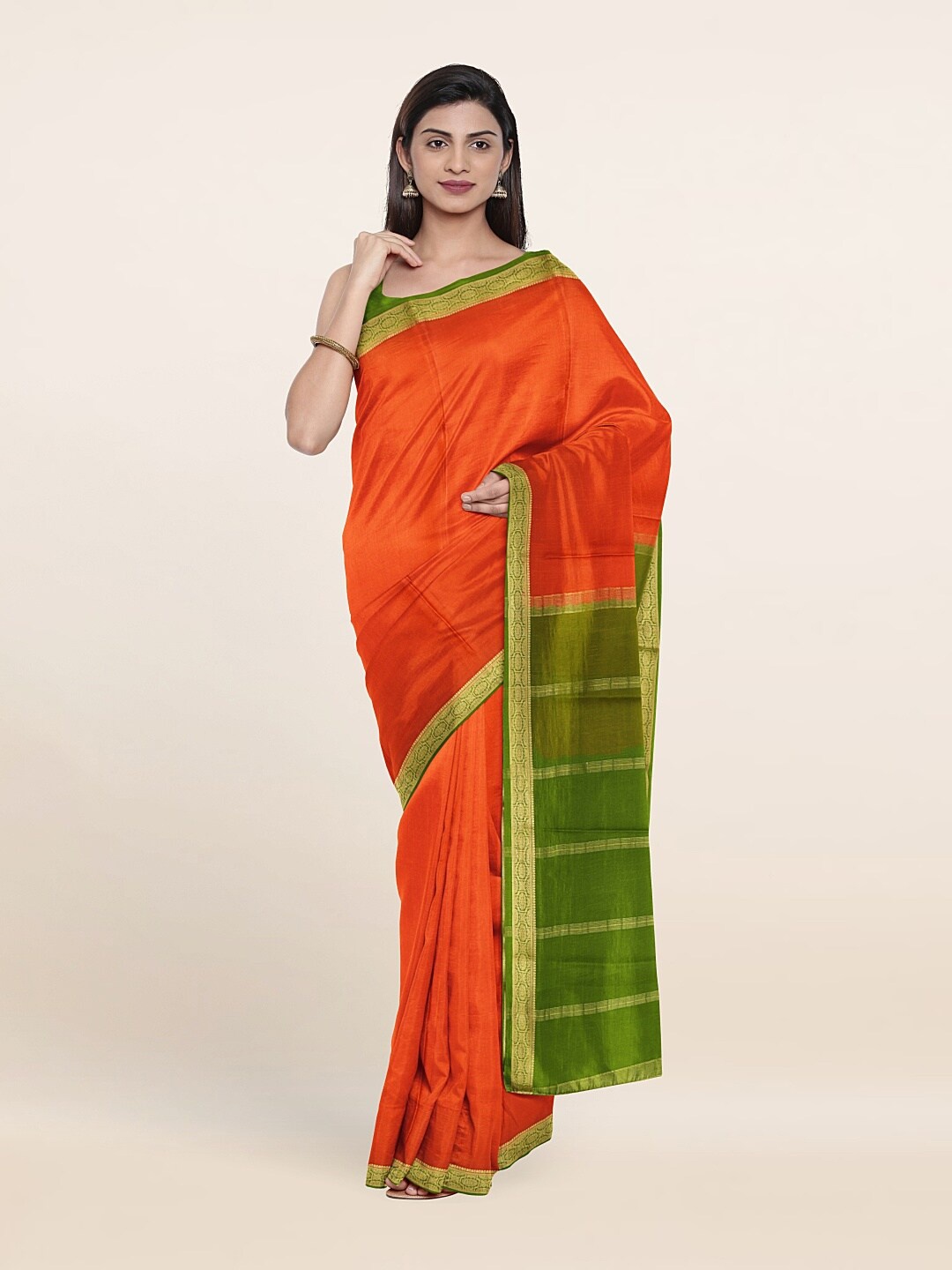 

Pothys Orange & Green Woven Design Zari Pure Silk Saree