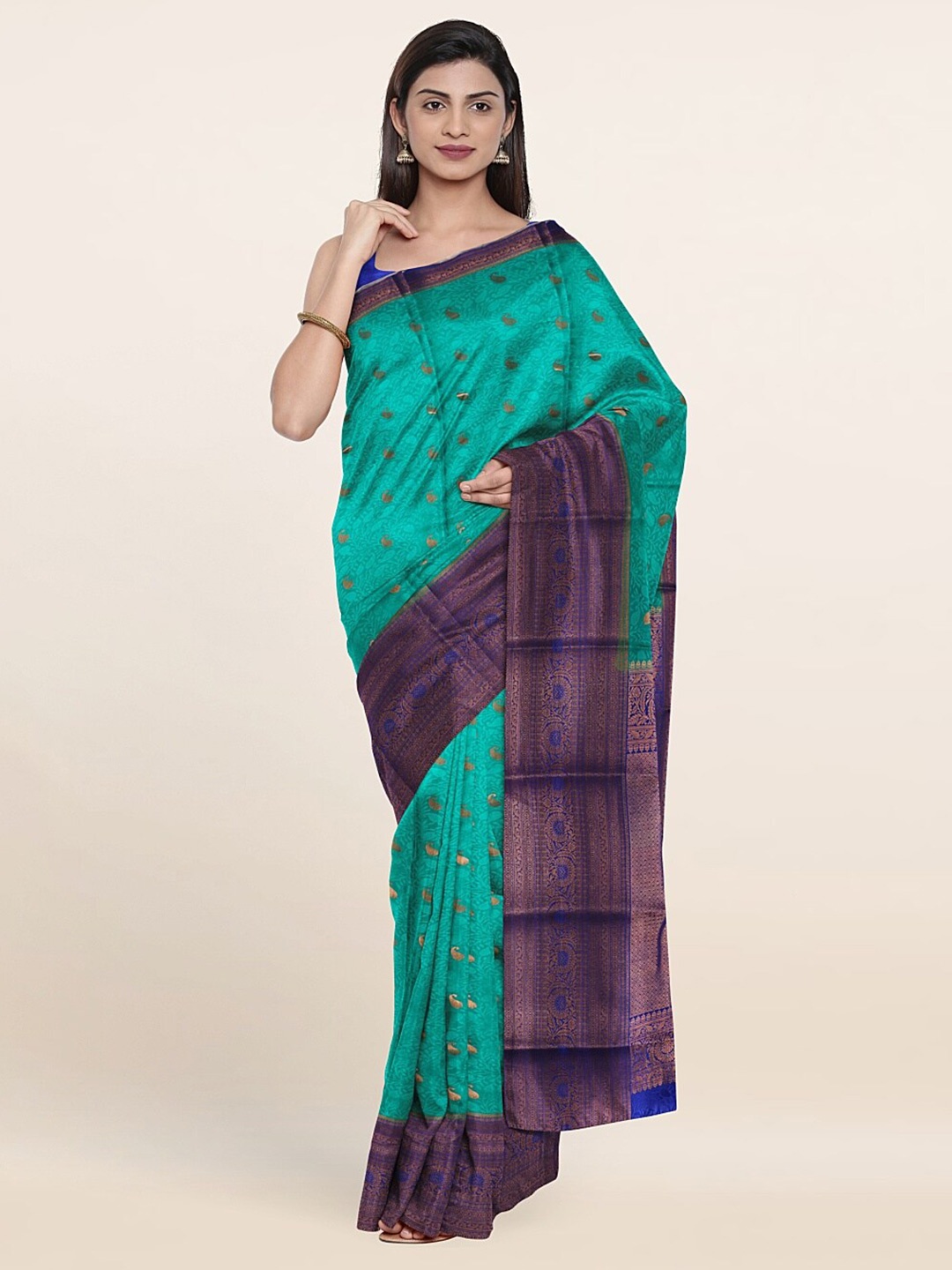 

Pothys Sea Green & Purple Ethnic Motifs Zari Pure Silk Saree