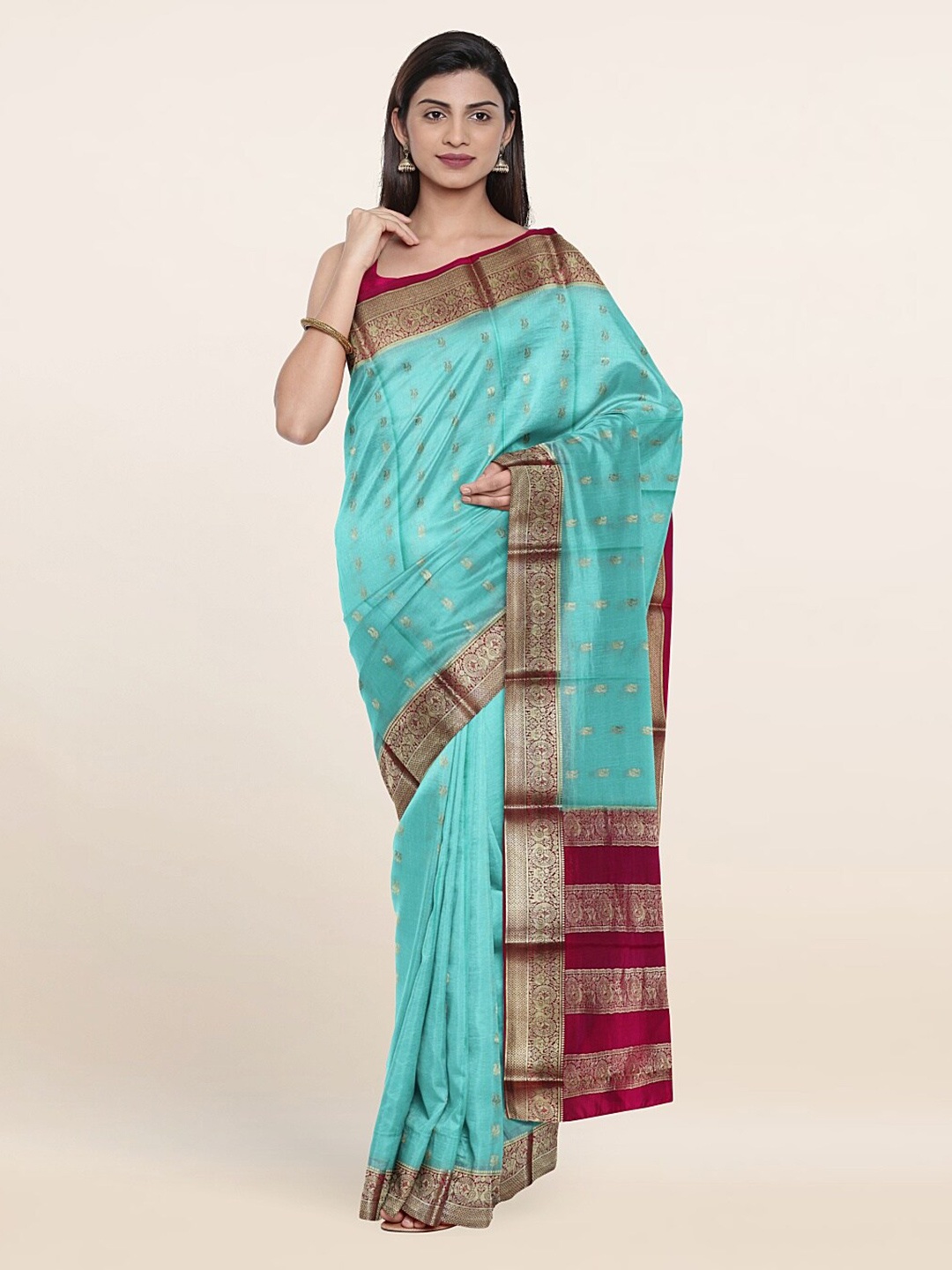 

Pothys Sea Green & Pink Ethnic Motifs Zari Pure Silk Saree