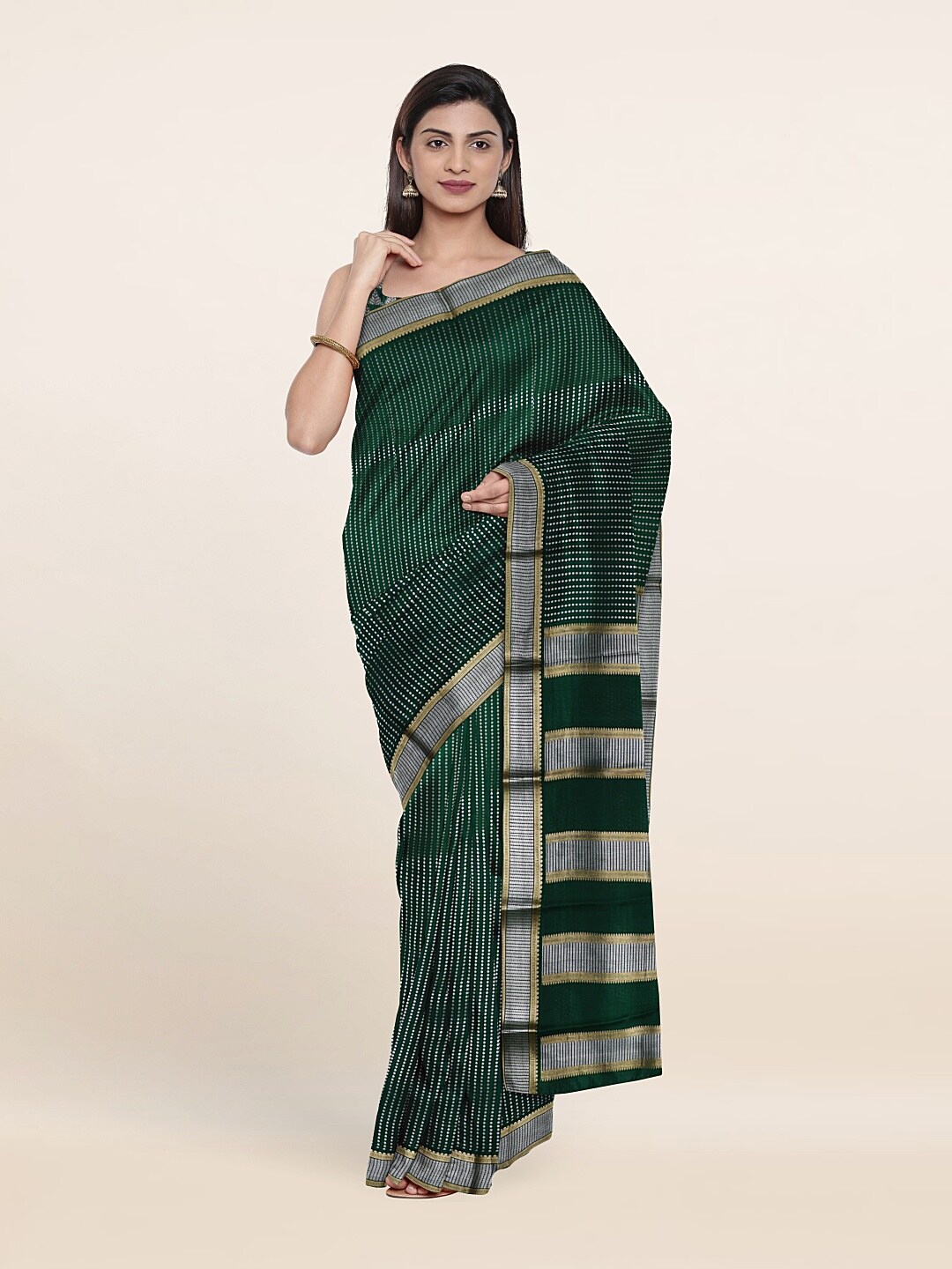 

Pothys Green & Silver-Toned Zari Pure Silk Saree