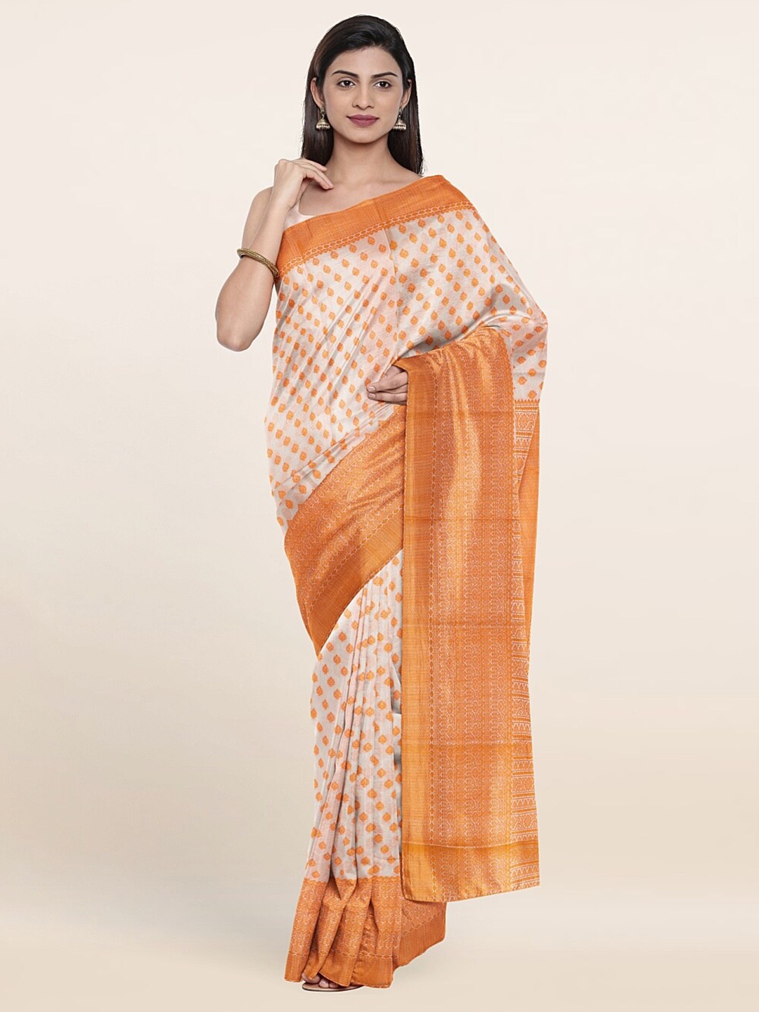 

Pothys Off White & Gold-Toned Ethnic Motifs Zari Pure Silk Saree