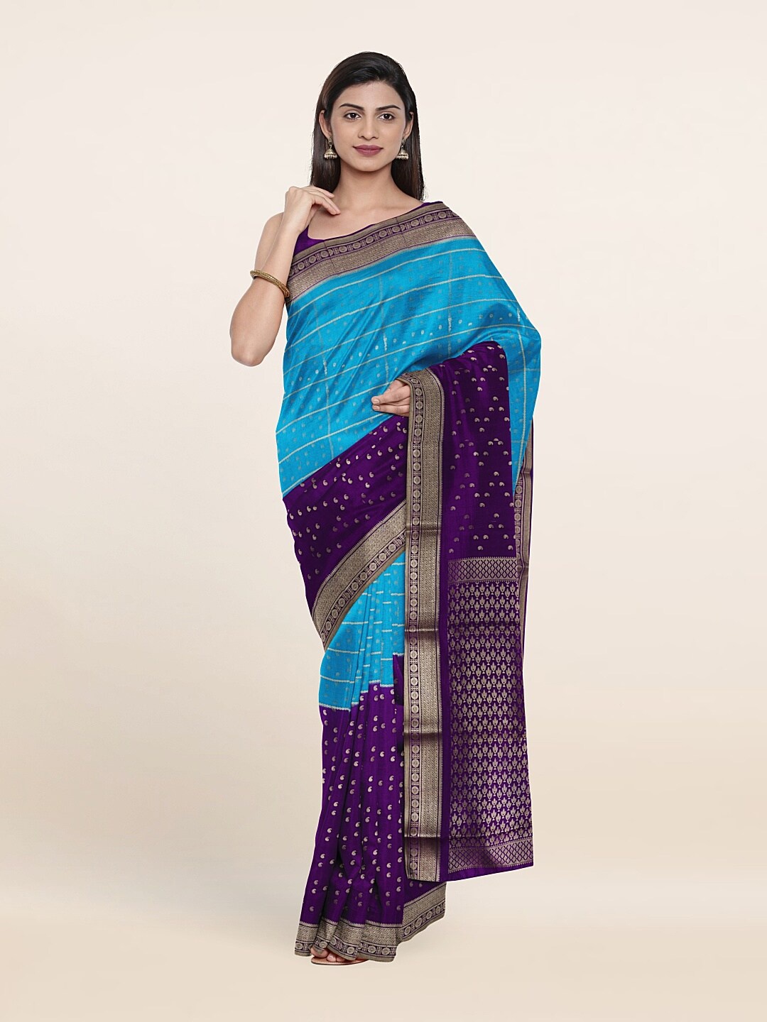

Pothys Blue & Purple Ethnic Motifs Zari Pure Silk Saree