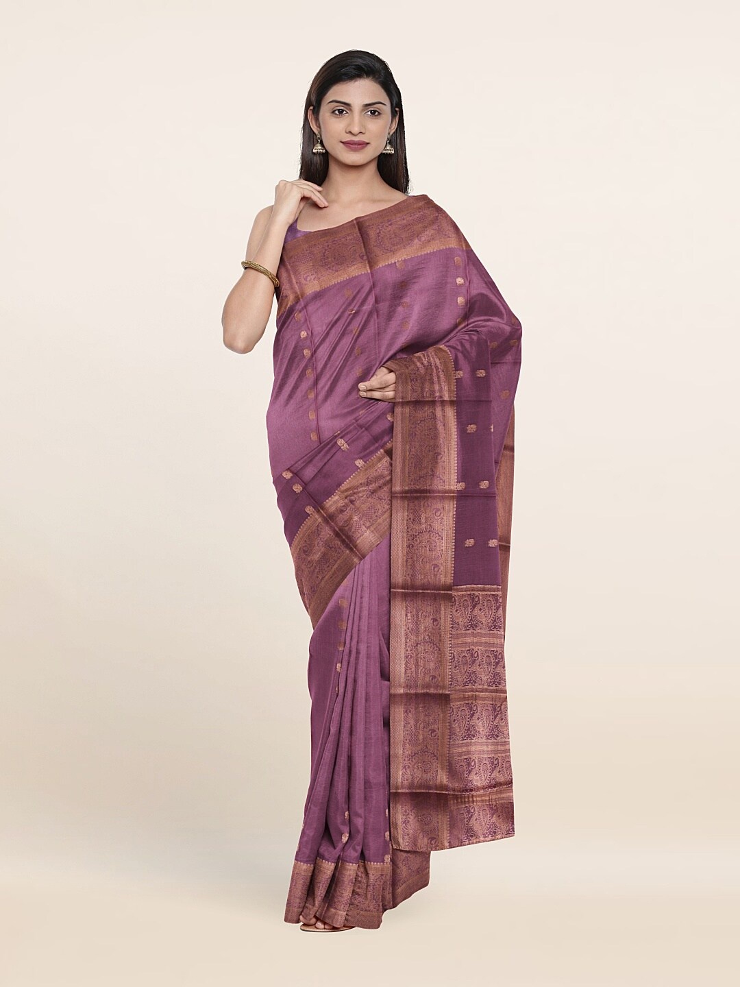 

Pothys Mauve & Gold-Toned Ethnic Motifs Zari Pure Silk Saree