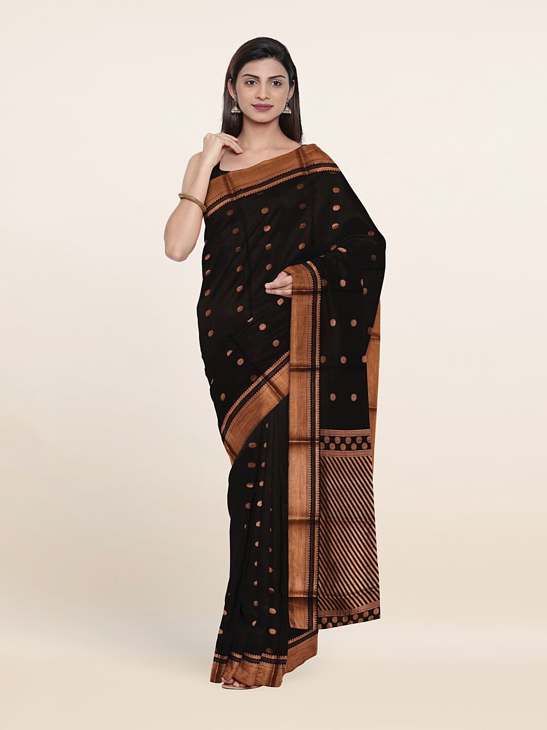 

Pothys Black & Copper-Toned Ethnic Motifs Zari Pure Silk Saree