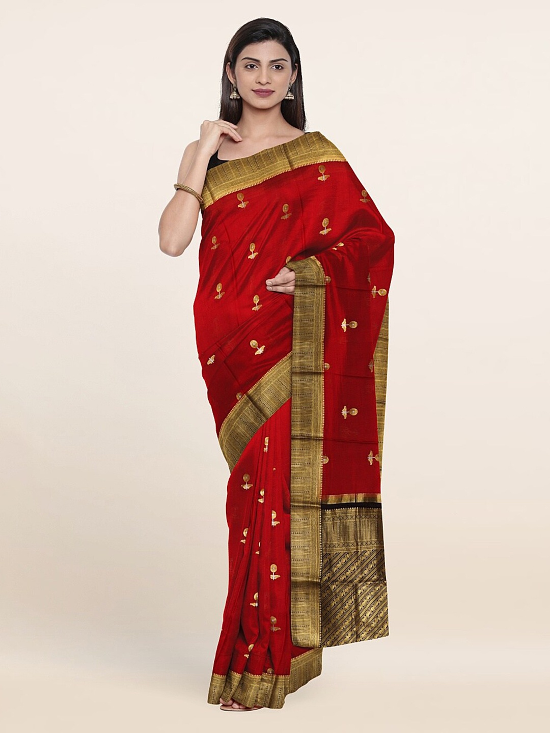 

Pothys Maroon & Gold-Toned Ethnic Motifs Zari Pure Silk Saree