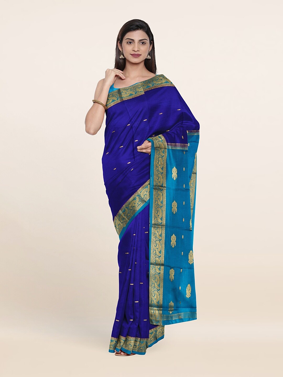 

Pothys Blue & Gold-Toned Ethnic Motifs Zari Pure Silk Saree