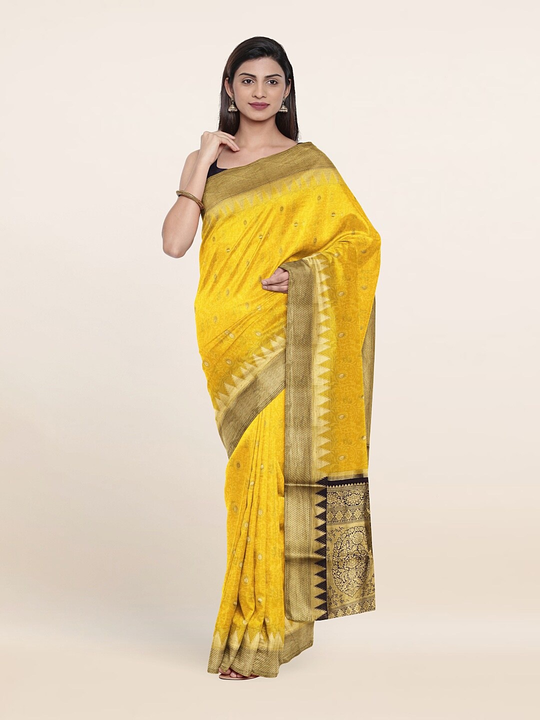 

Pothys Yellow & Black Ethnic Motifs Zari Pure Silk Saree