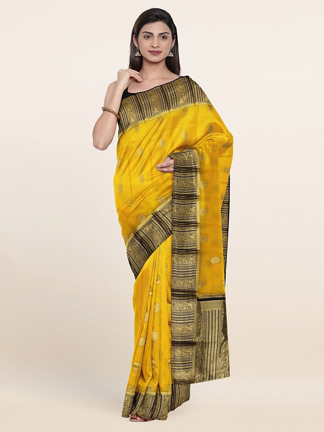 

Pothys Yellow & Black Ethnic Motifs Zari Pure Silk Saree