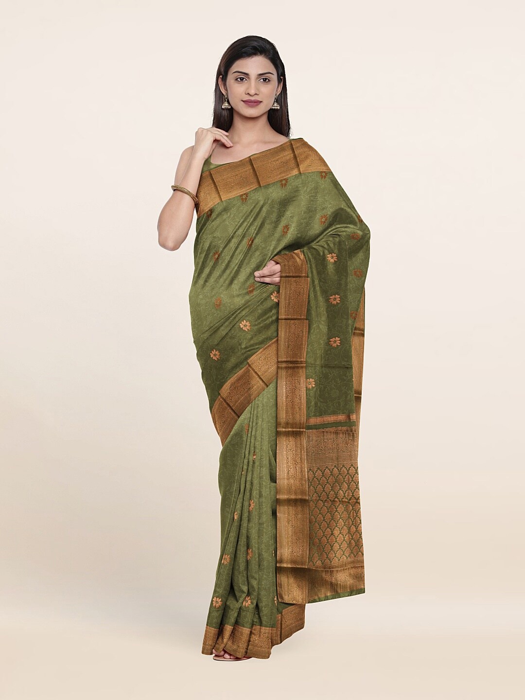

Pothys Green & Gold-Toned Woven Design Zari Pure Silk Saree
