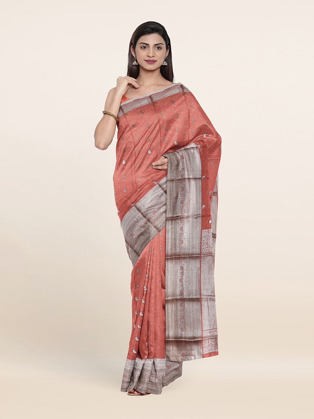 

Pothys Peach-Coloured & Silver-Toned Paisley Pure Silk Saree