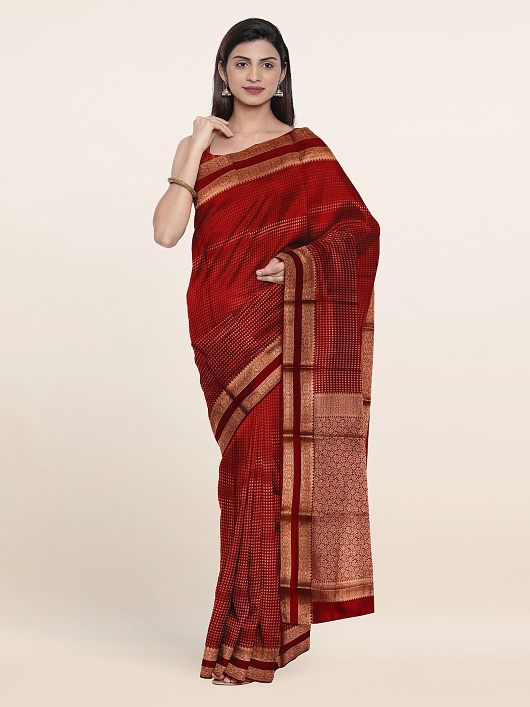 

Pothys Maroon & Gold-Toned Pure Silk Saree