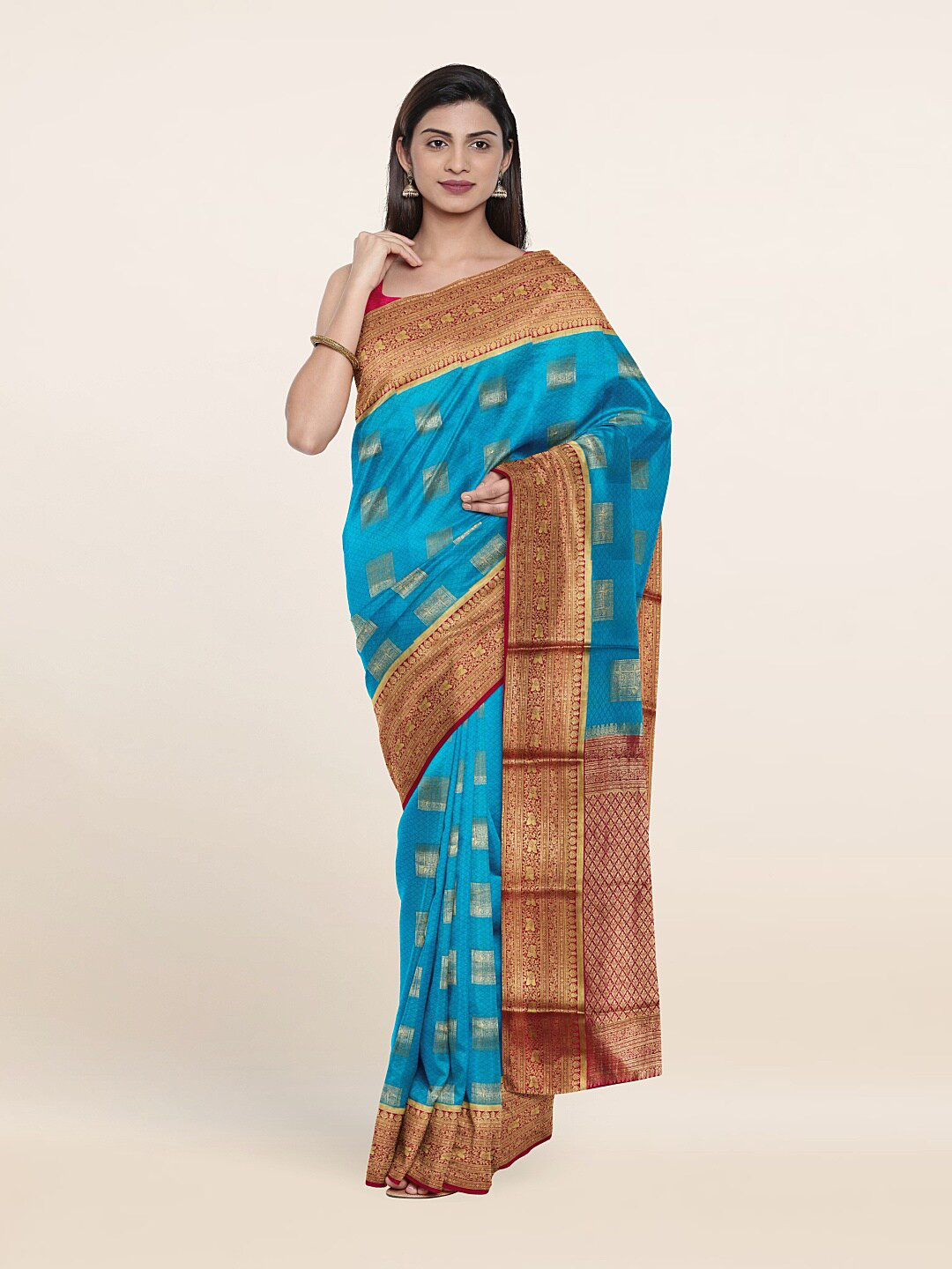 

Pothys Blue & Red Woven Design Pure Silk Saree