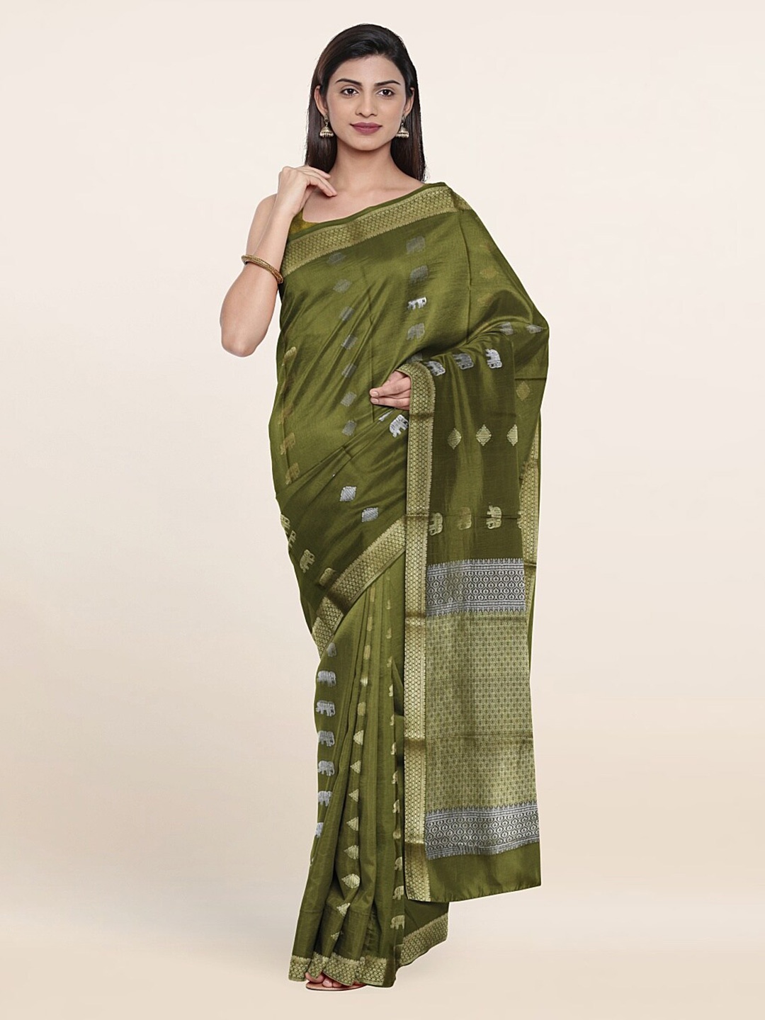 

Pothys Green & Silver-Toned Ethnic Motifs Pure Silk Saree