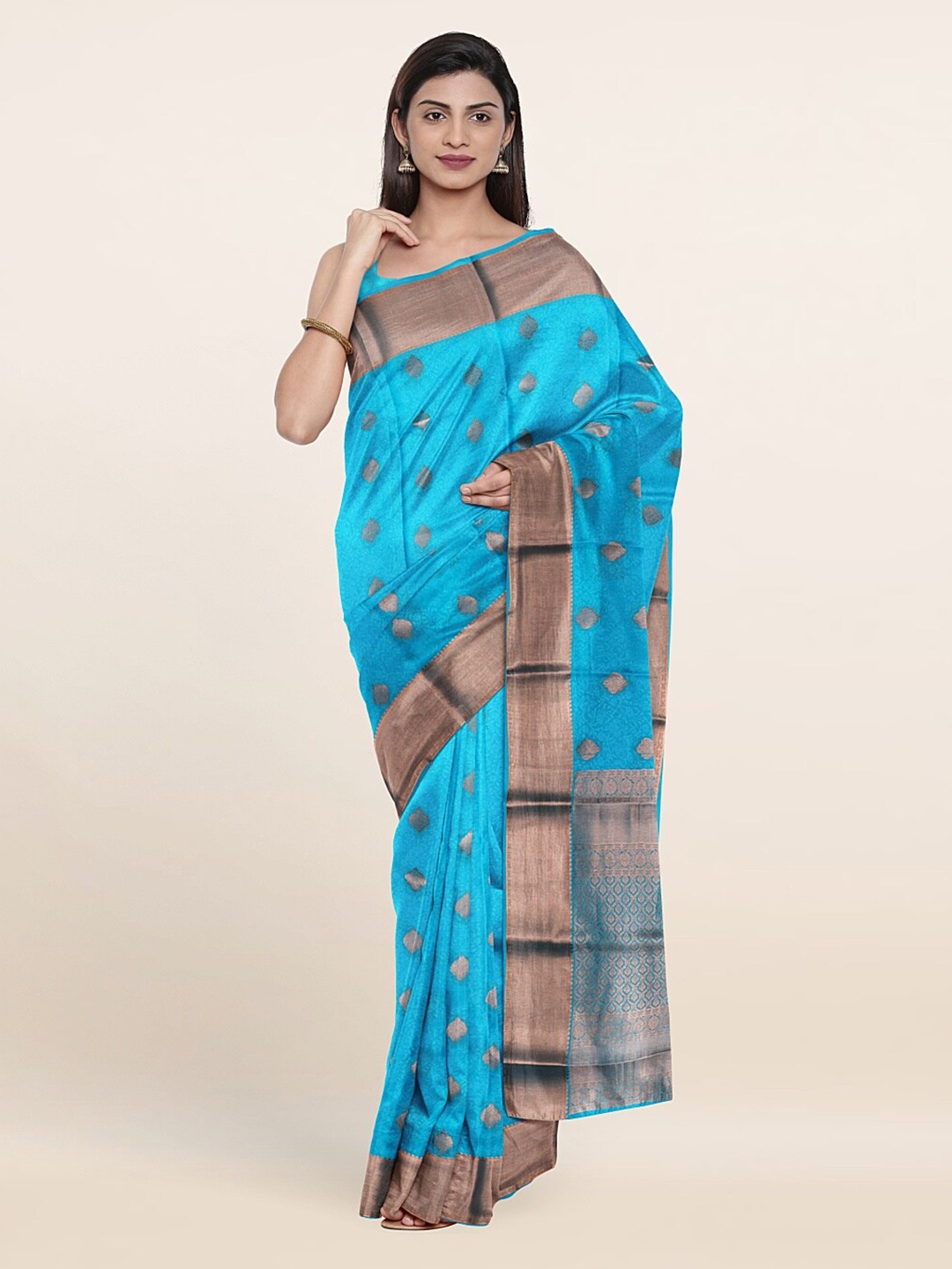 

Pothys Blue & Gold-Toned Ethnic Motifs Zari Pure Silk Saree