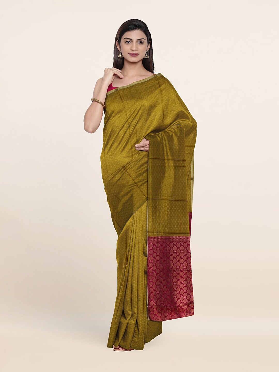 

Pothys Mustard Green & Pink Ethnic Motifs Zari Pure Silk Saree