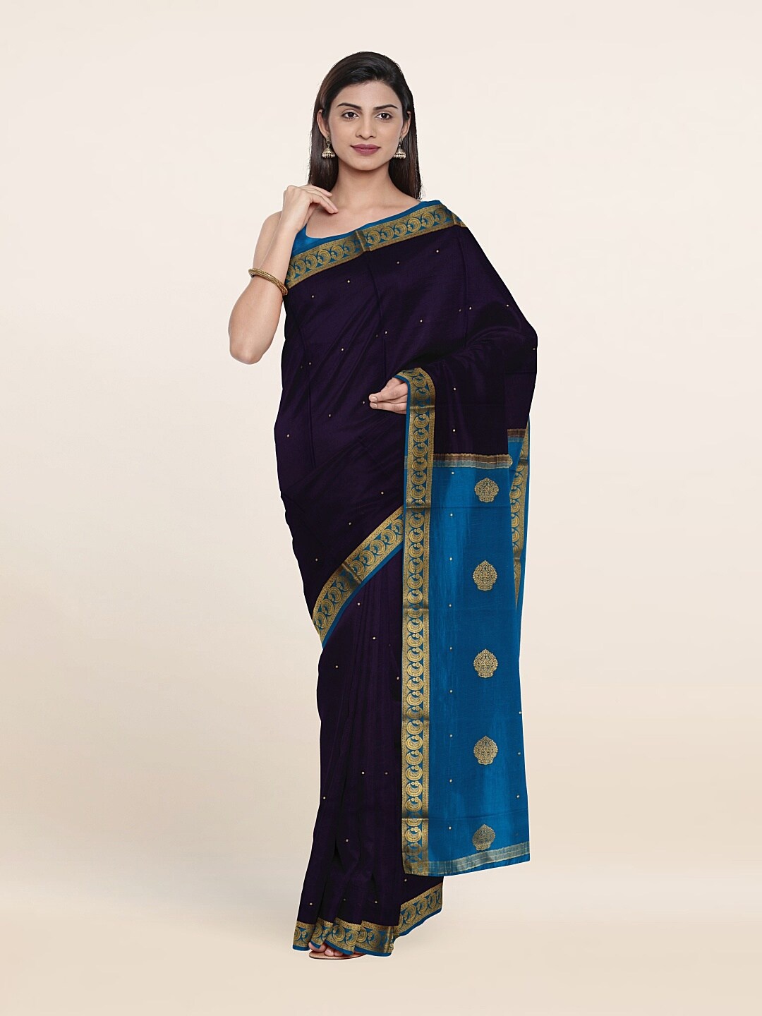 

Pothys Navy Blue & Gold-Toned Ethnic Motifs Zari Pure Silk Saree