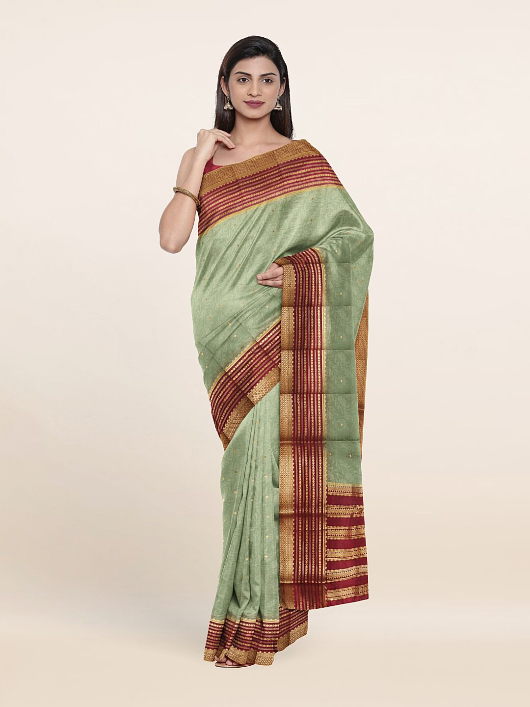 

Pothys Green & Maroon Floral Zari Pure Silk Saree