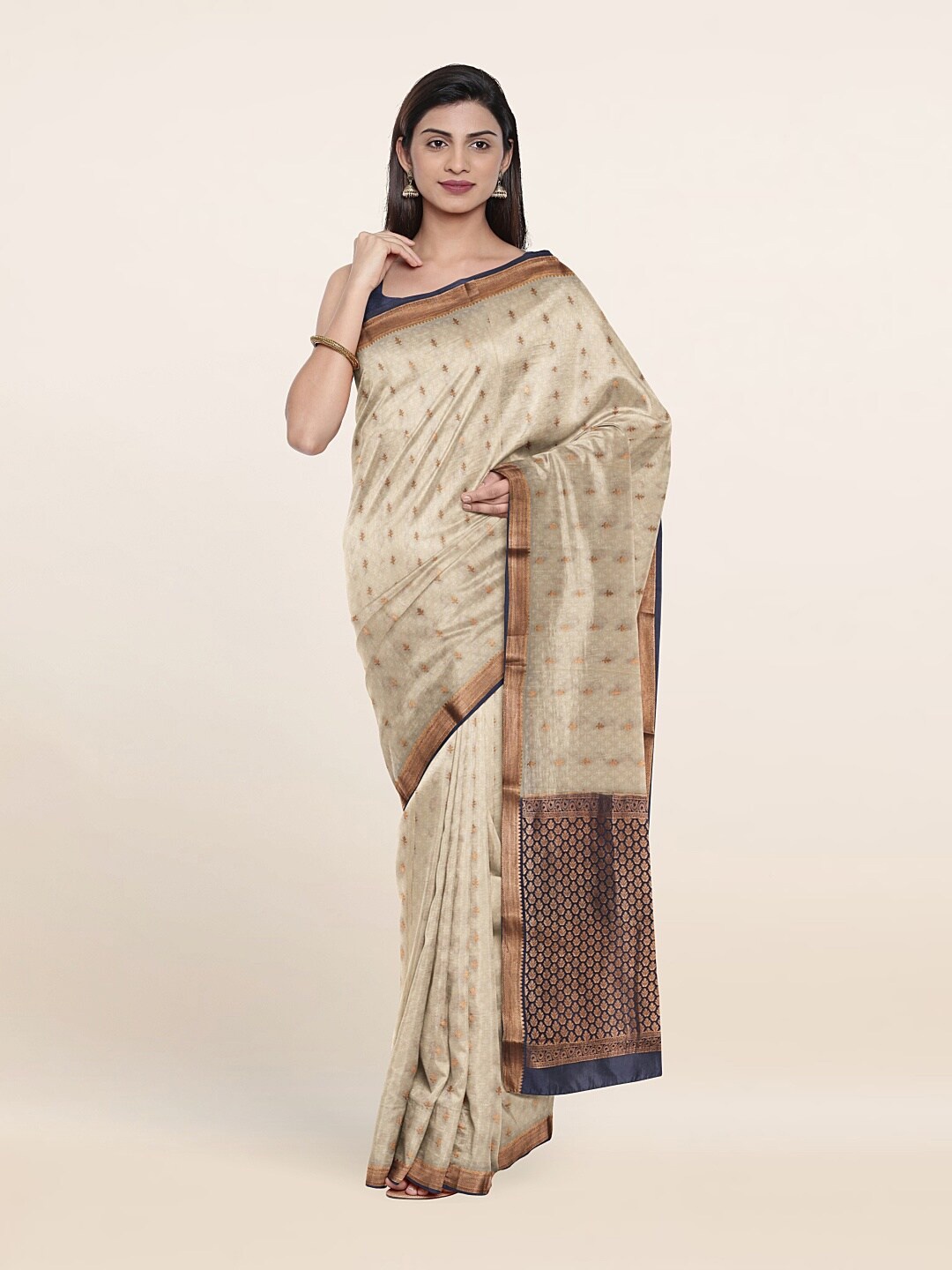 

Pothys Cream-Coloured & Green Woven Design Zari Pure Silk Saree