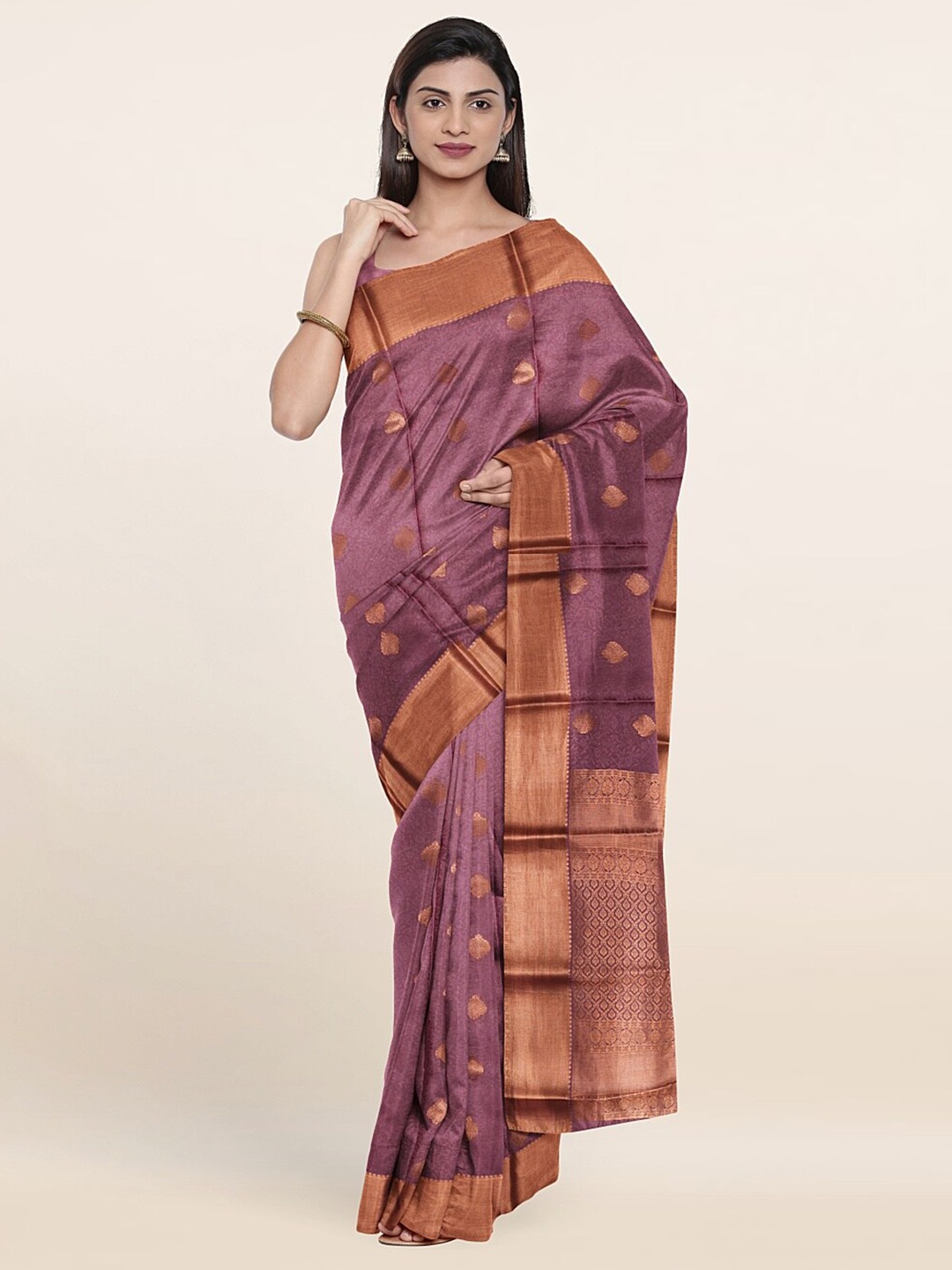 

Pothys Mauve & Copper-Toned Woven Design Zari Pure Silk Saree