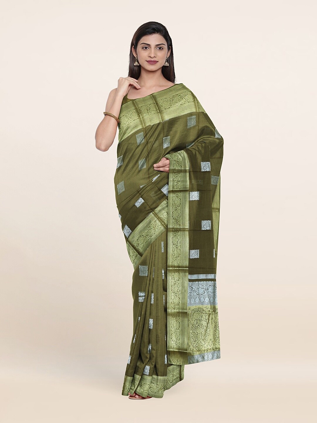 

Pothys Green & Gold-Toned Woven Design Zari Pure Silk Saree