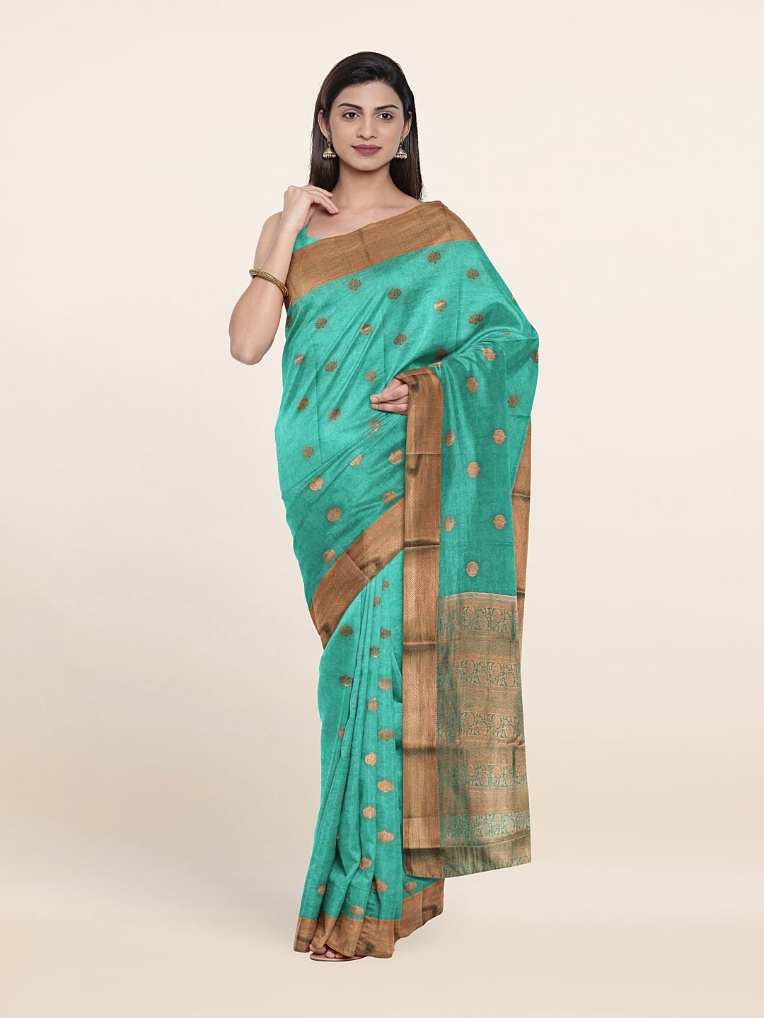 

Pothys Blue & Copper-Toned Woven Design Zari Pure Silk Saree