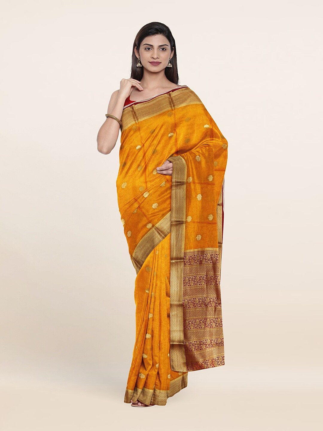 

Pothys Mustard & Gold-Toned Woven Design Zari Pure Silk Saree
