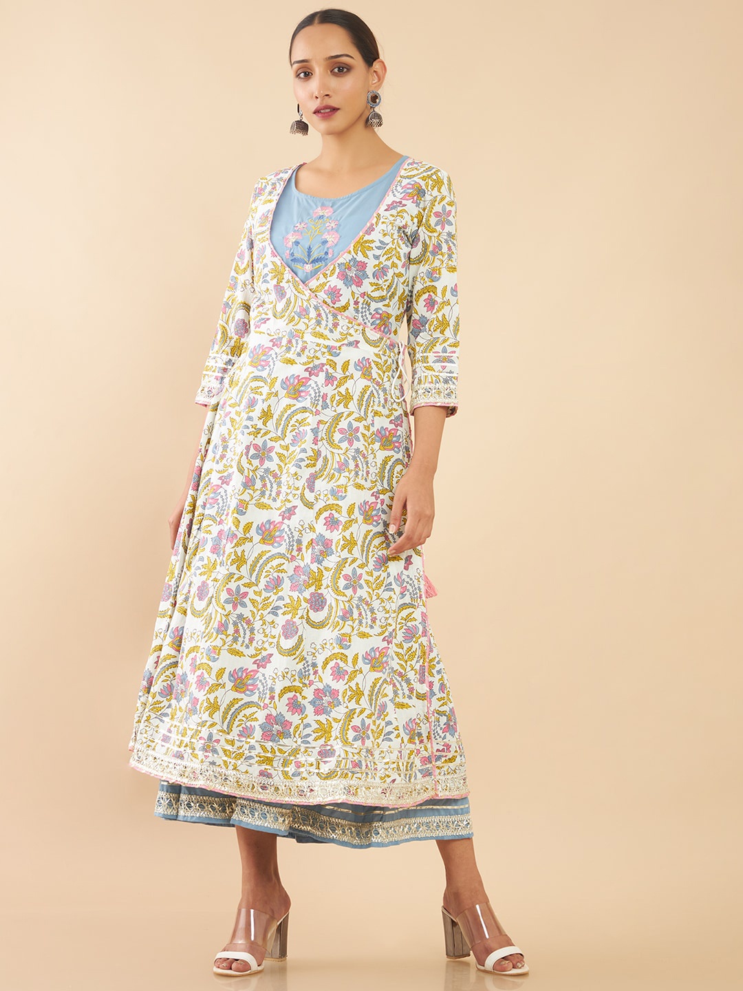 

Soch Women Off White & Blue Floral Printed Thread Work Floral Anarkali Kurta