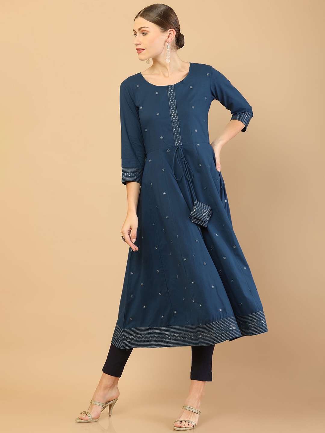 Soch Women Navy Blue Geometric Embroidered Mirror Work Floral Kurta