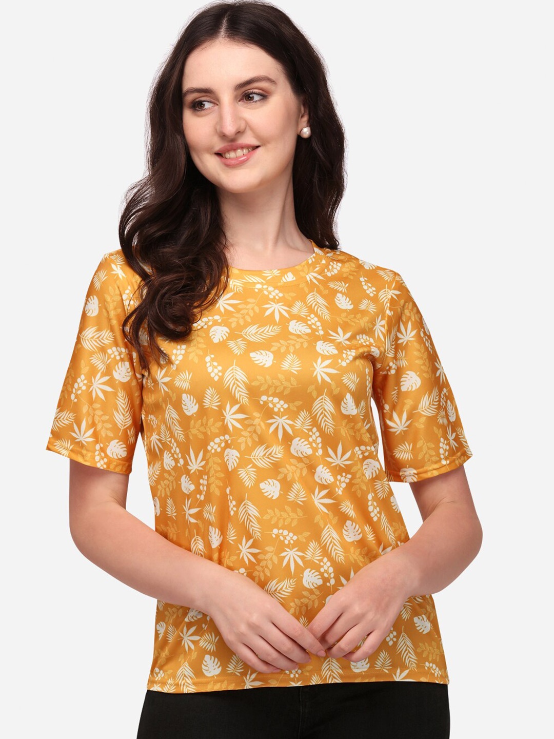 

Prettify Women Mustard Yellow Floral Printed T-shirt