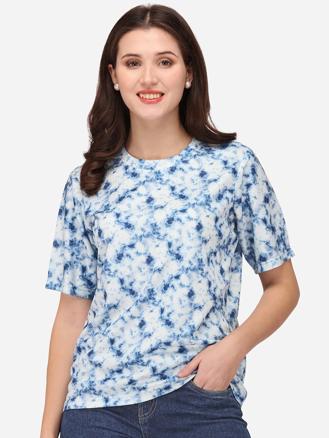 

Prettify Women White & Blue Printed T-shirt