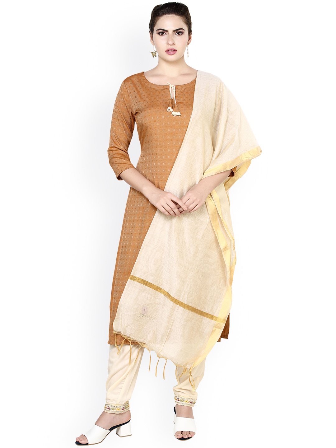 

Prettify Women Woven Design Straight Kurta with Trousers & With Dupatta, Brown