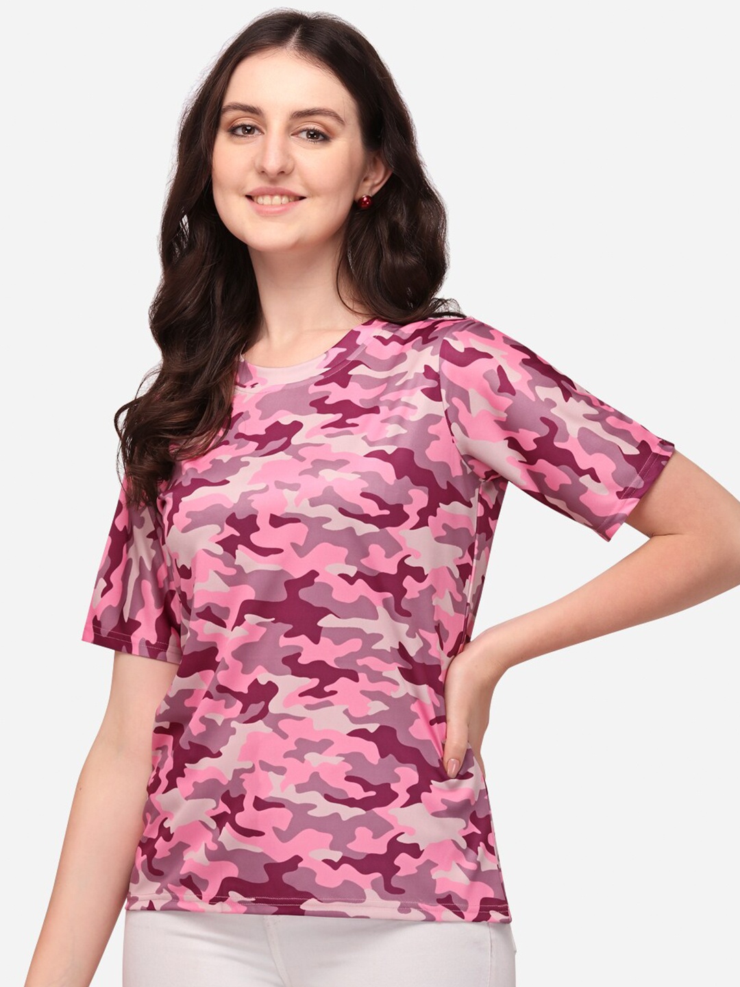 

Prettify Women Burgundy & Pink Camouflage Printed T-shirt