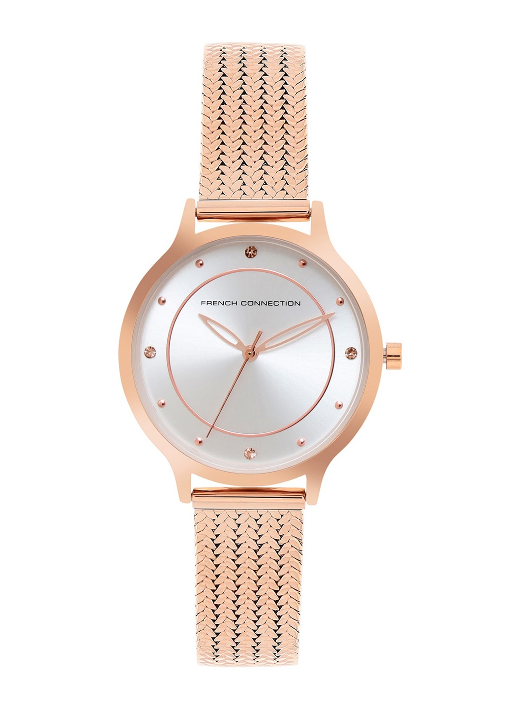 

French Connection Women Silver-Toned Dial & Rose Gold Toned Stainless Steel Bracelet Watch