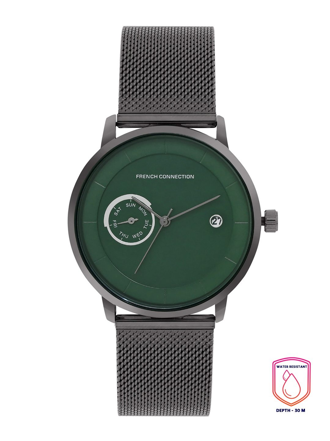 

French Connection Men Green Dial & Grey Stainless Steel Bracelet Style Straps Analogue Chronograph Watch