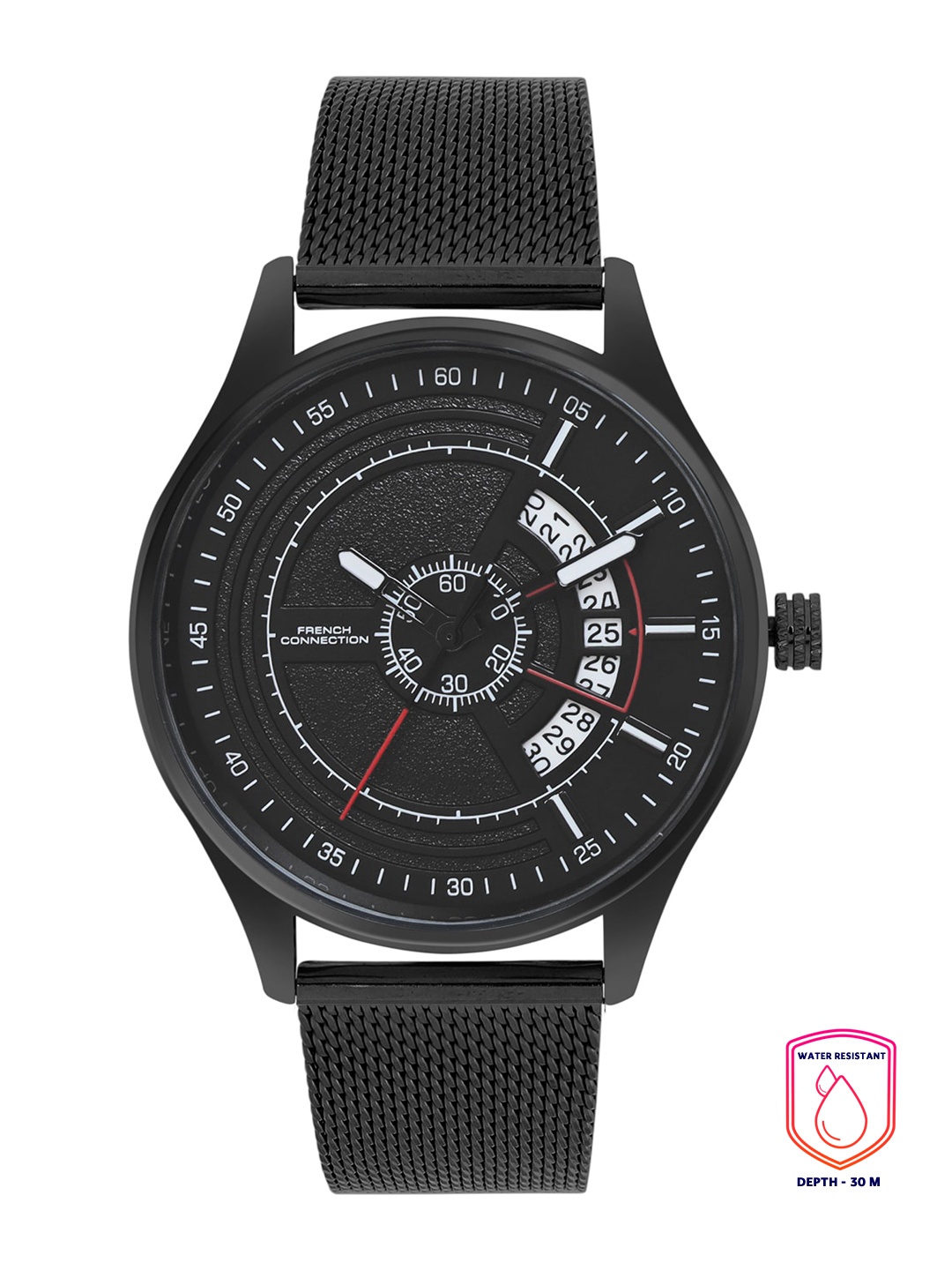 

French Connection Men Black Dial & Black Stainless Steel Bracelet Style Straps Analogue Chronograph Watch