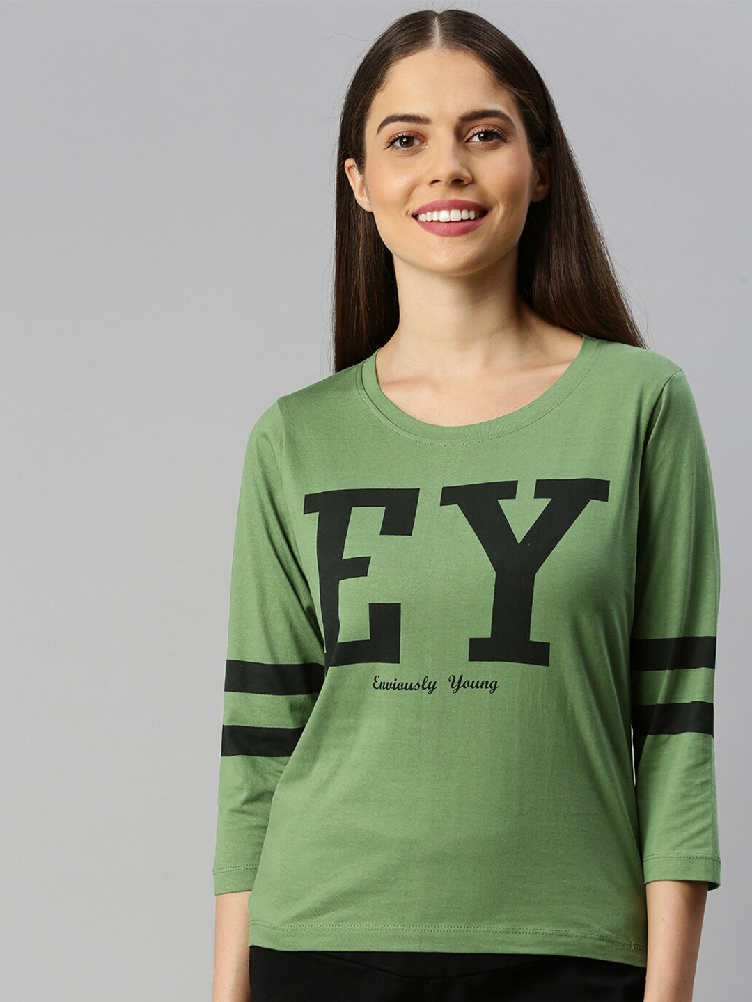

Enviously Young Women Olive Green & Black Typography Printed Slim Fit Cotton T-shirt